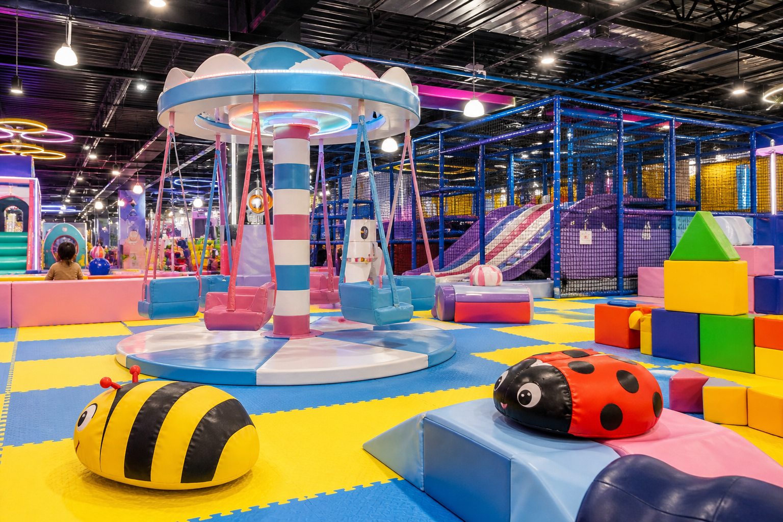Indoor play structures with decks tubes ramps and access towers