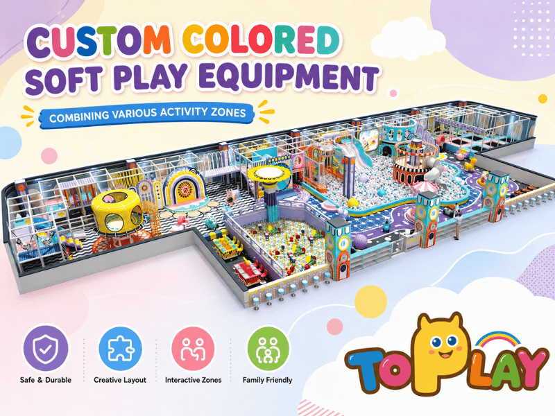 Custom colored soft play equipment setup combining various activity zones