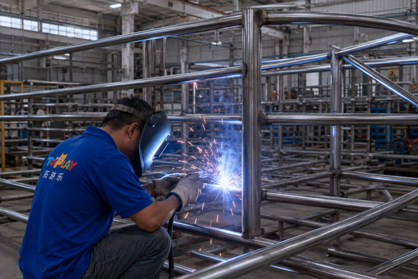 Frame welding on a tubular play-equipment assembly.