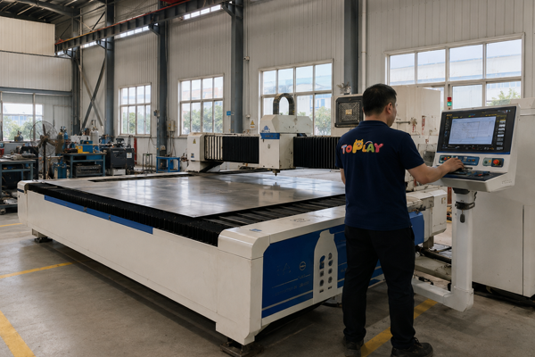 Computer-controlled sheet cutting on the factory floor.
