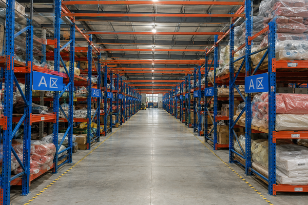 Racked materials in a labelled warehouse aisle, supporting a stock-control and preparation narrative.