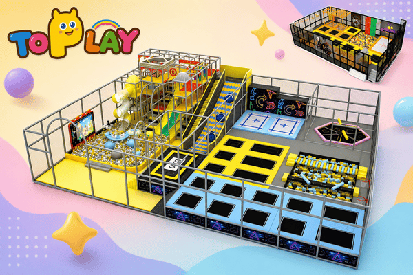 Commercial trampoline park equipment with connected activity zones