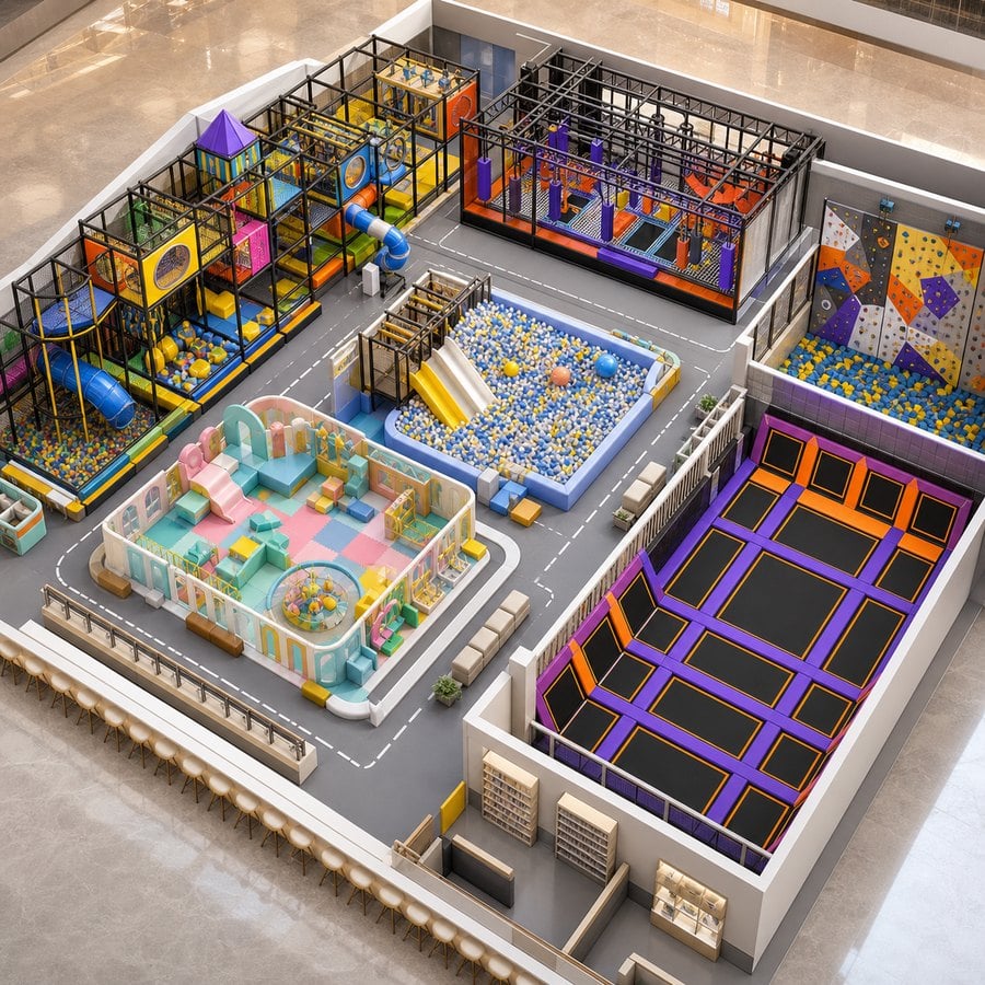 Zoned family entertainment center layout with soft play toddler ball pit climbing and trampoline areas