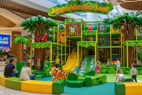 Custom indoor playground design demonstrating ceiling height constraints and structural levels