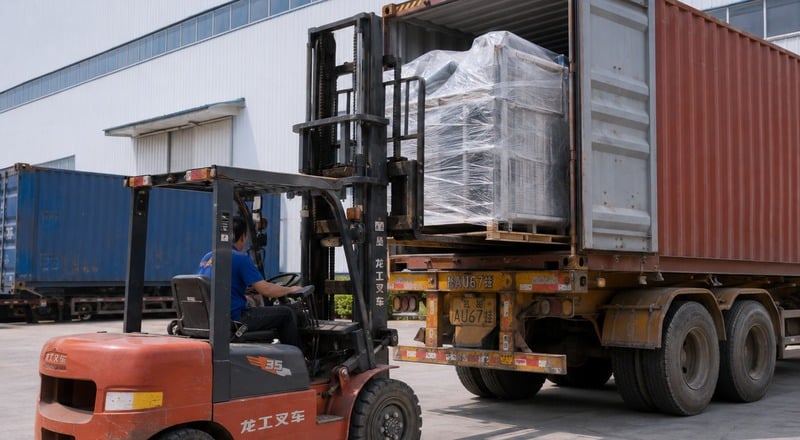 Forklift loading packaged indoor playground components for production lead time and shipment