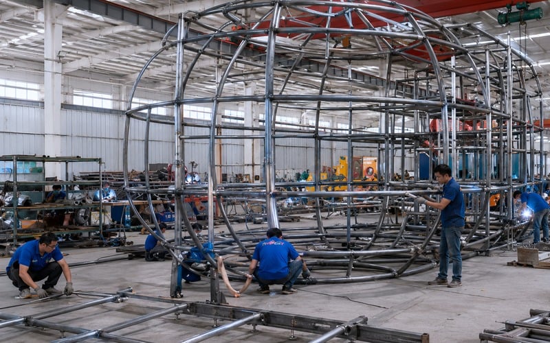Galvanized steel tube play structure frame under factory assembly for specification review