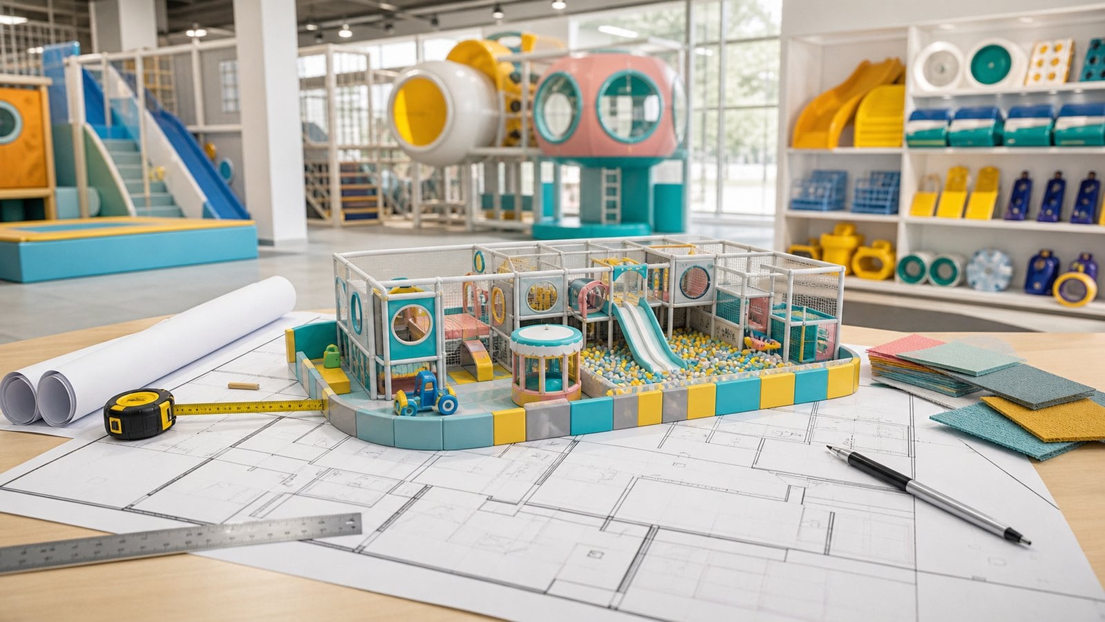 Commercial play equipment planning model on floor plans for right-sized indoor builds