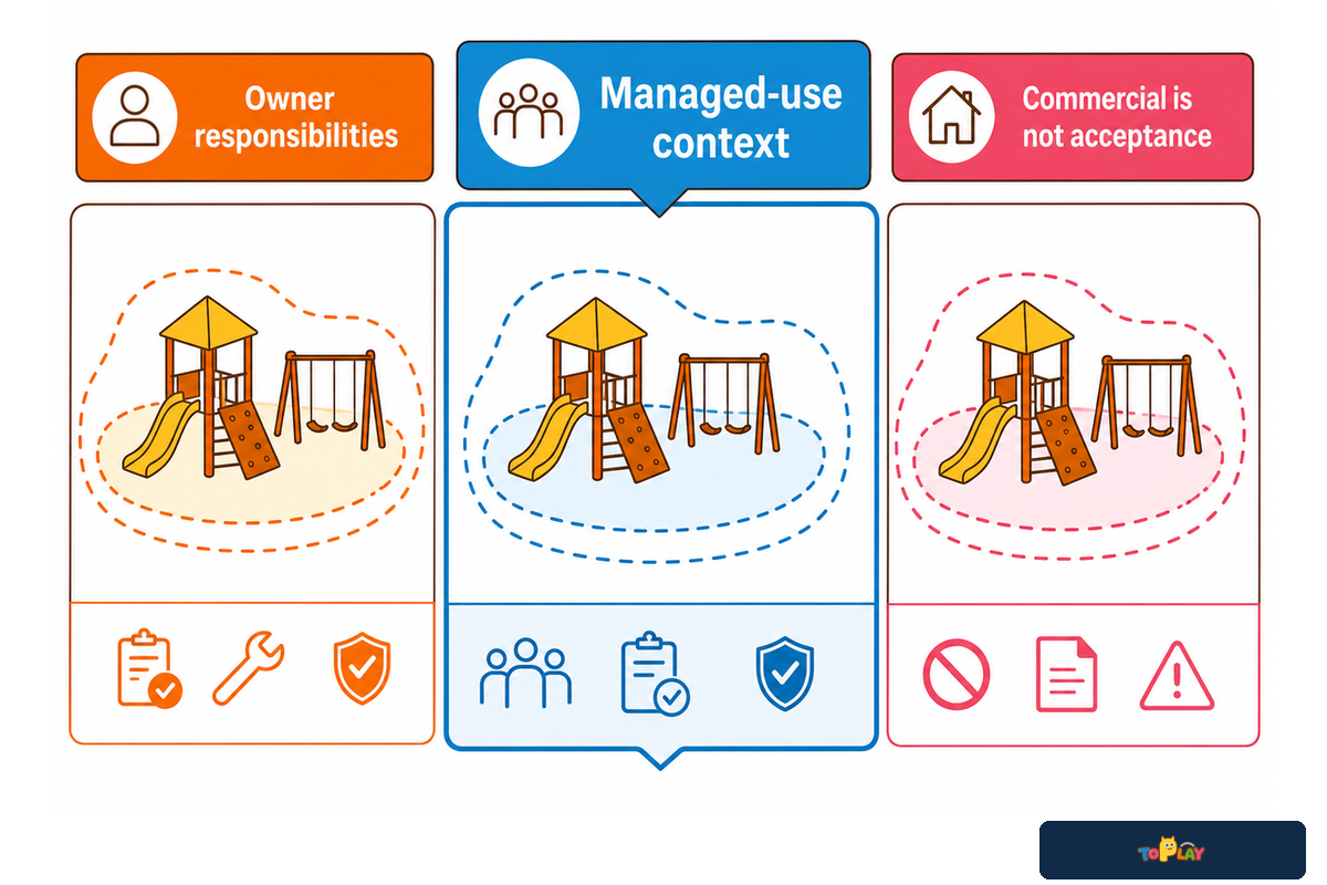 Managed-use boundary map separates owner duties from household assumptions; CPSC playground-equipment guidance.