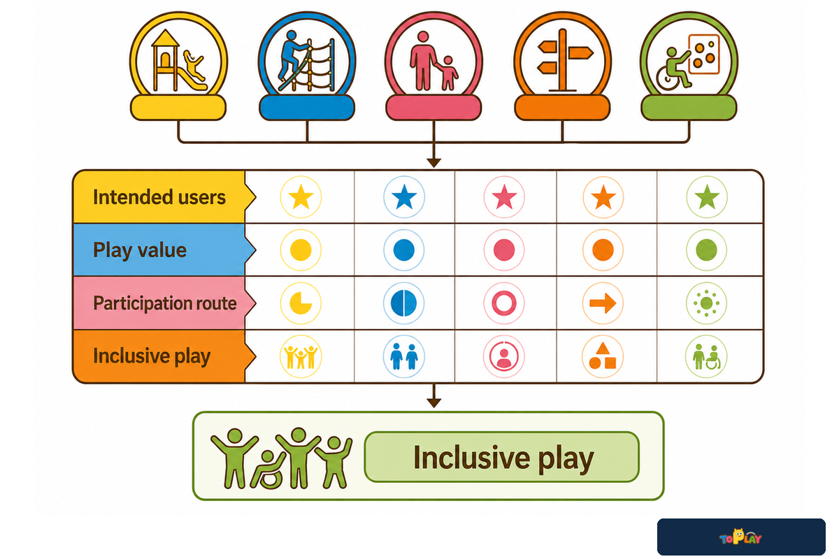 User-fit matrix connects play value, participation routes, and supervision; CPSC and project accessibility scope.