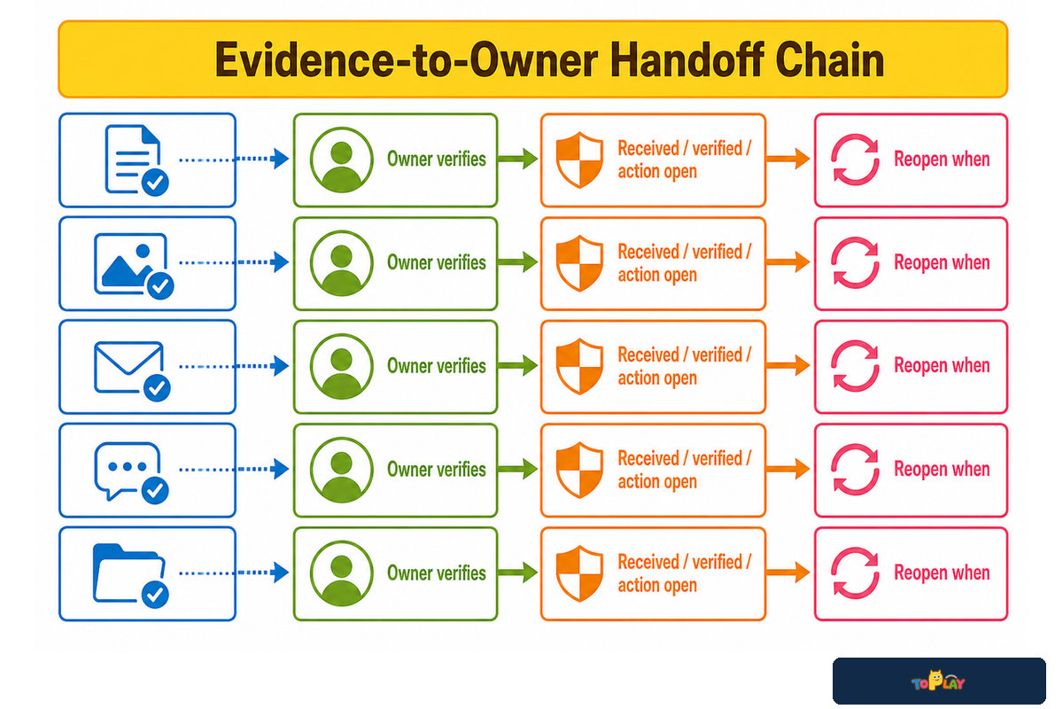 Evidence handoff chain turns supplier records into an owner register; CPSC checklist and Toplay deliverables.