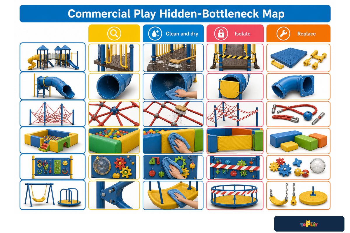 Hidden-bottleneck map connects inspection, cleaning, isolation, and replacement; Toplay maintenance lens.