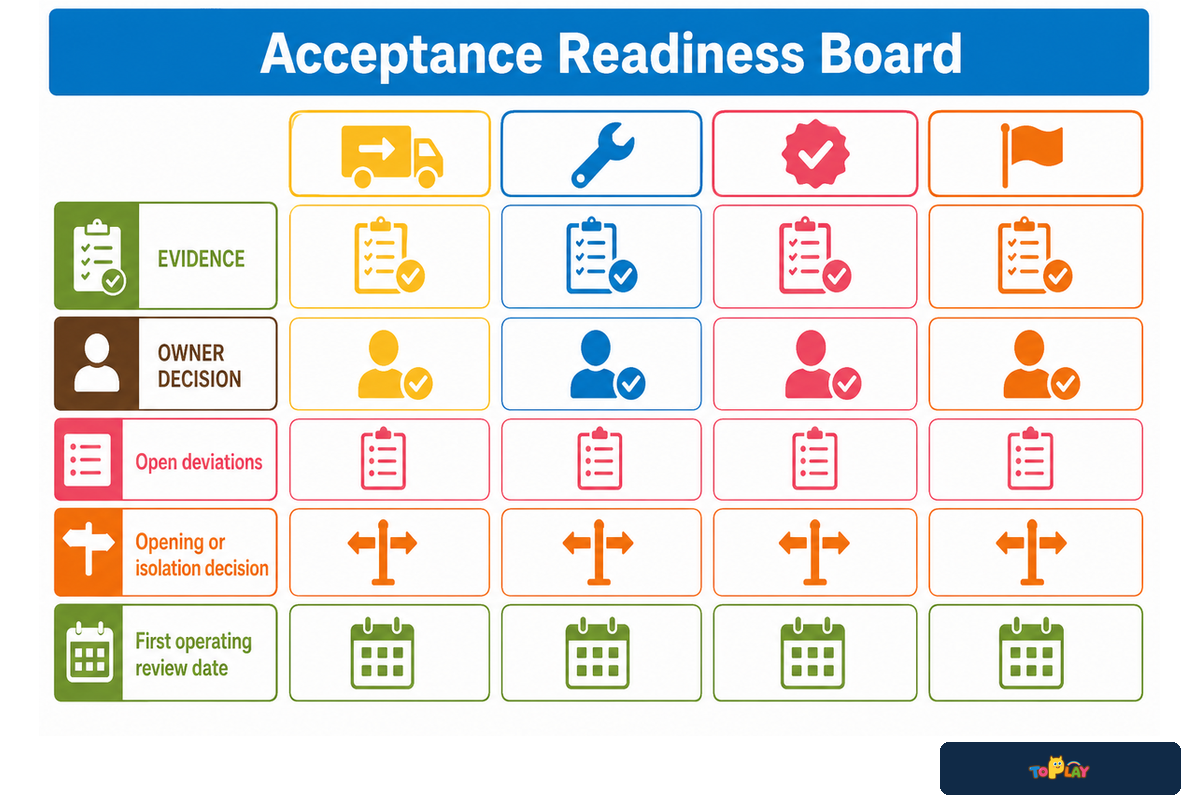 Acceptance board separates delivery, installation, acceptance, and opening readiness; CPSC checklist scope.