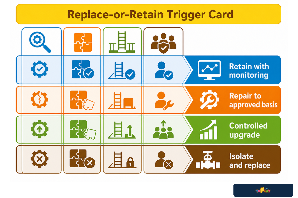 Replace-or-retain card routes parts by condition, evidence, compatibility, and user fit; Toplay owner method.