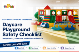 A daycare playground safety checklist guide covering daily checks, use zones, scope handoffs and closure records. Source: Toplay guide.