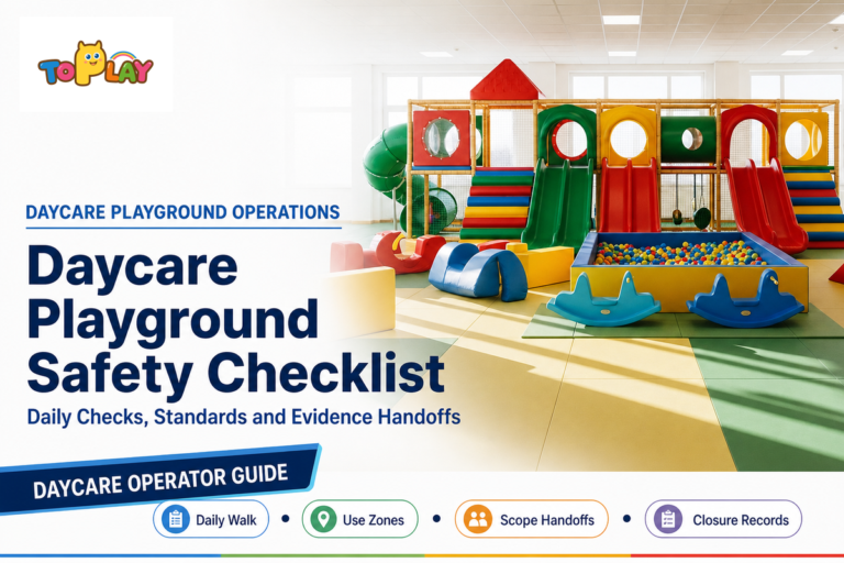 A daycare playground safety checklist guide covering daily checks, use zones, scope handoffs and closure records. Source: Toplay guide.
