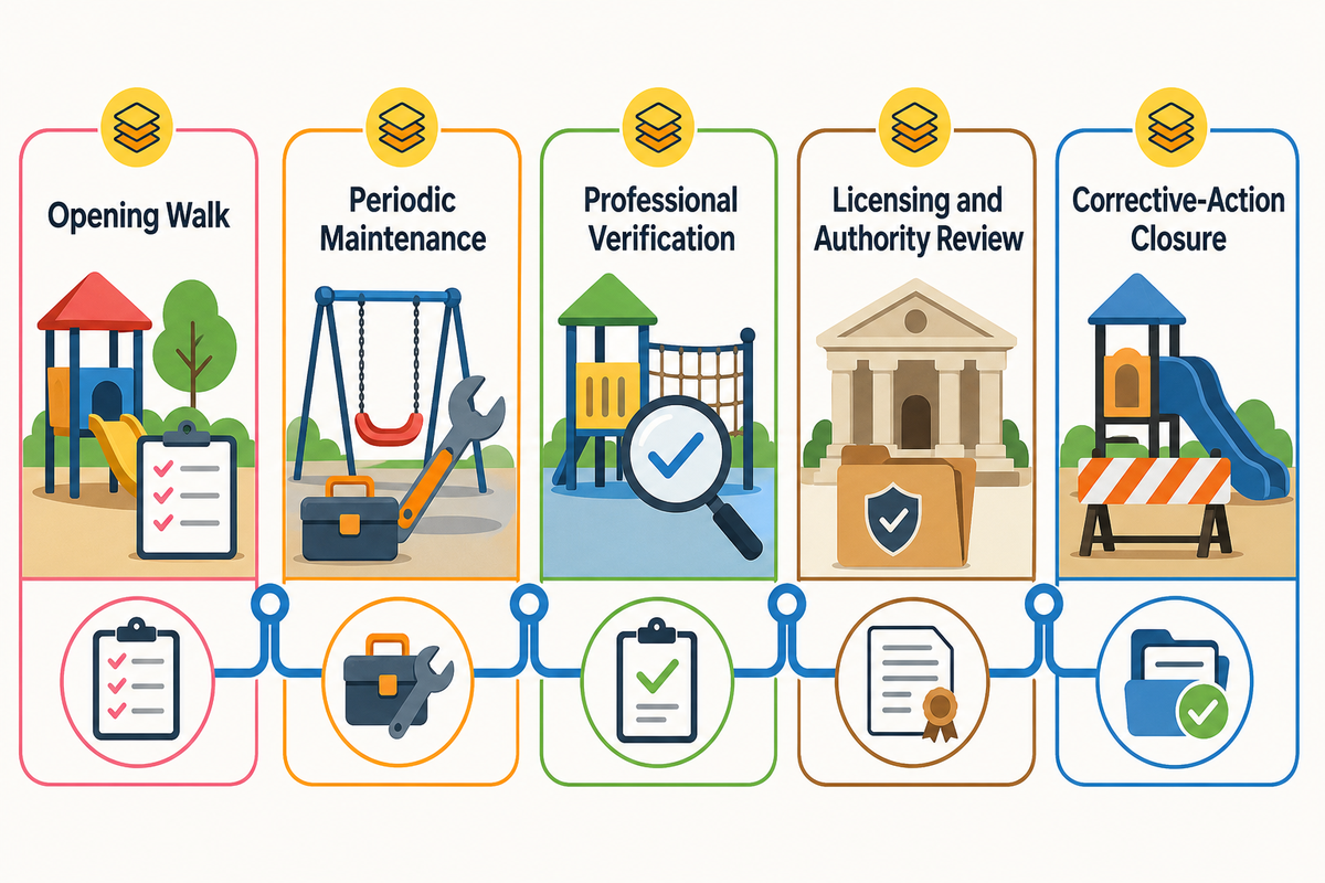 Opening walk, periodic maintenance, professional verification, licensing review and corrective-action closure form a connected control record. Source: Toplay guide.