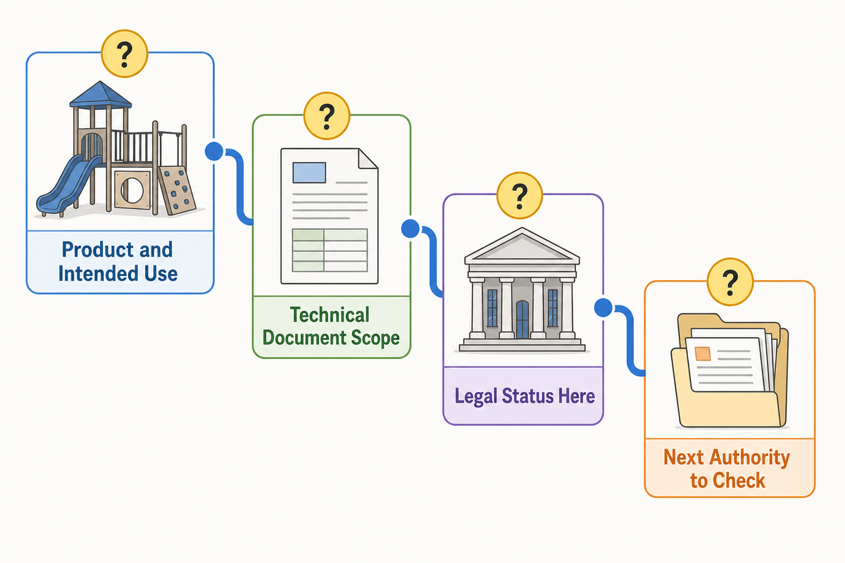 Product and intended use lead to technical scope, legal status and the next authority check. Source: Toplay guide.