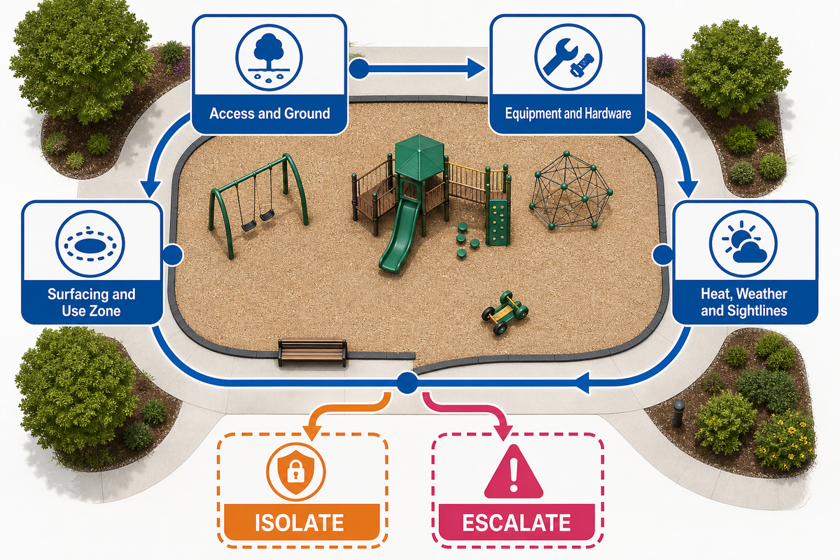 A daily playground walk scans access and ground, equipment, surfacing and environment, then isolates or escalates failures. Source: Toplay guide.