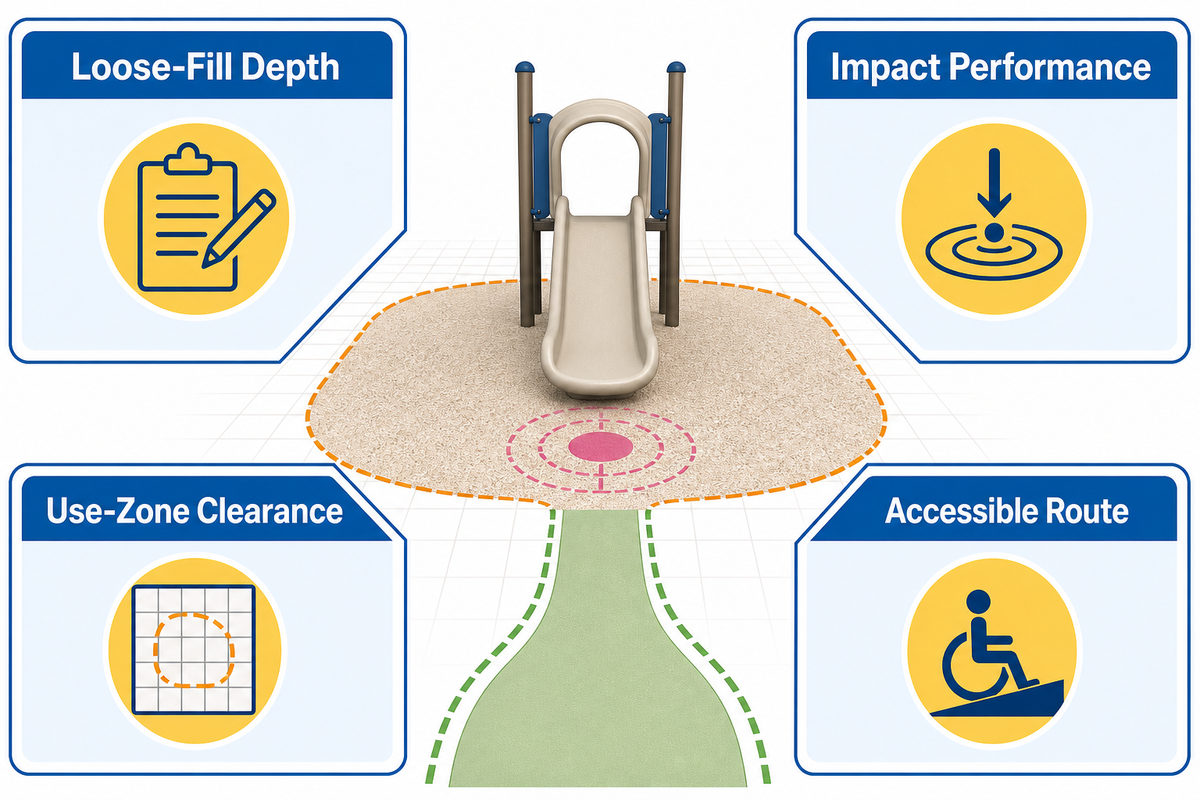 Surfacing depth, impact performance, use-zone clearance and accessible-route condition require separate evidence. Source: Toplay guide.