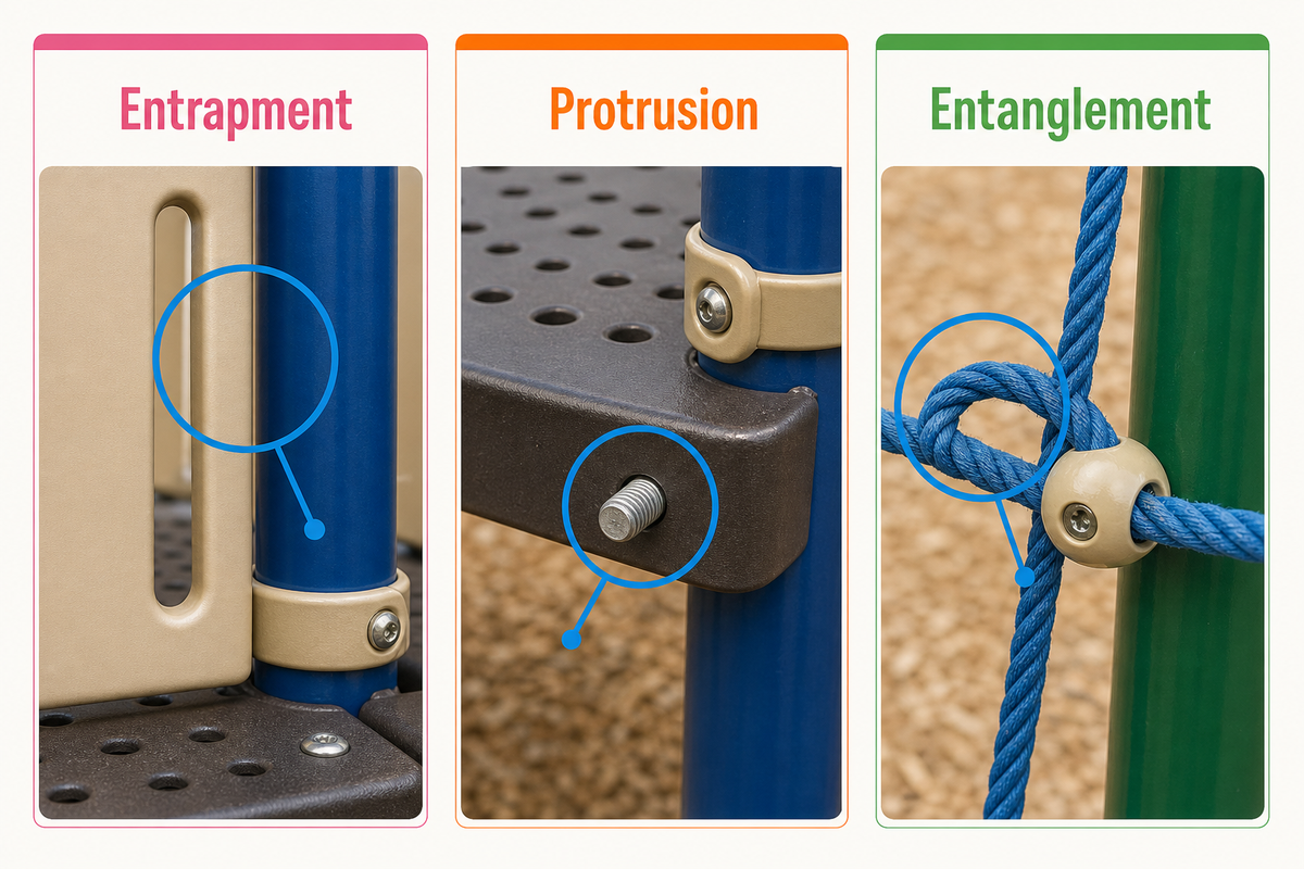 Entrapment, protrusion and entanglement are separate playground failure modes that require different checks. Source: Toplay guide.