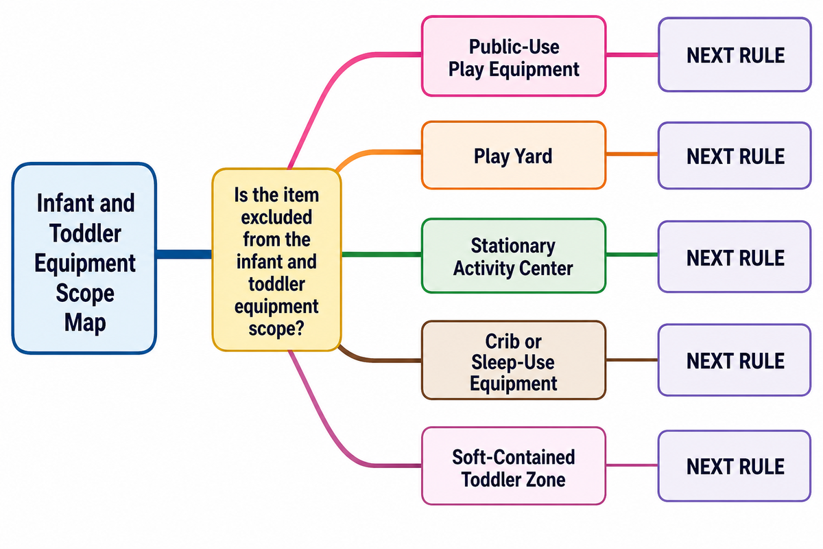 Infant and toddler play equipment routes by product identity to the applicable equipment, product or room-use rule. Source: Toplay guide.