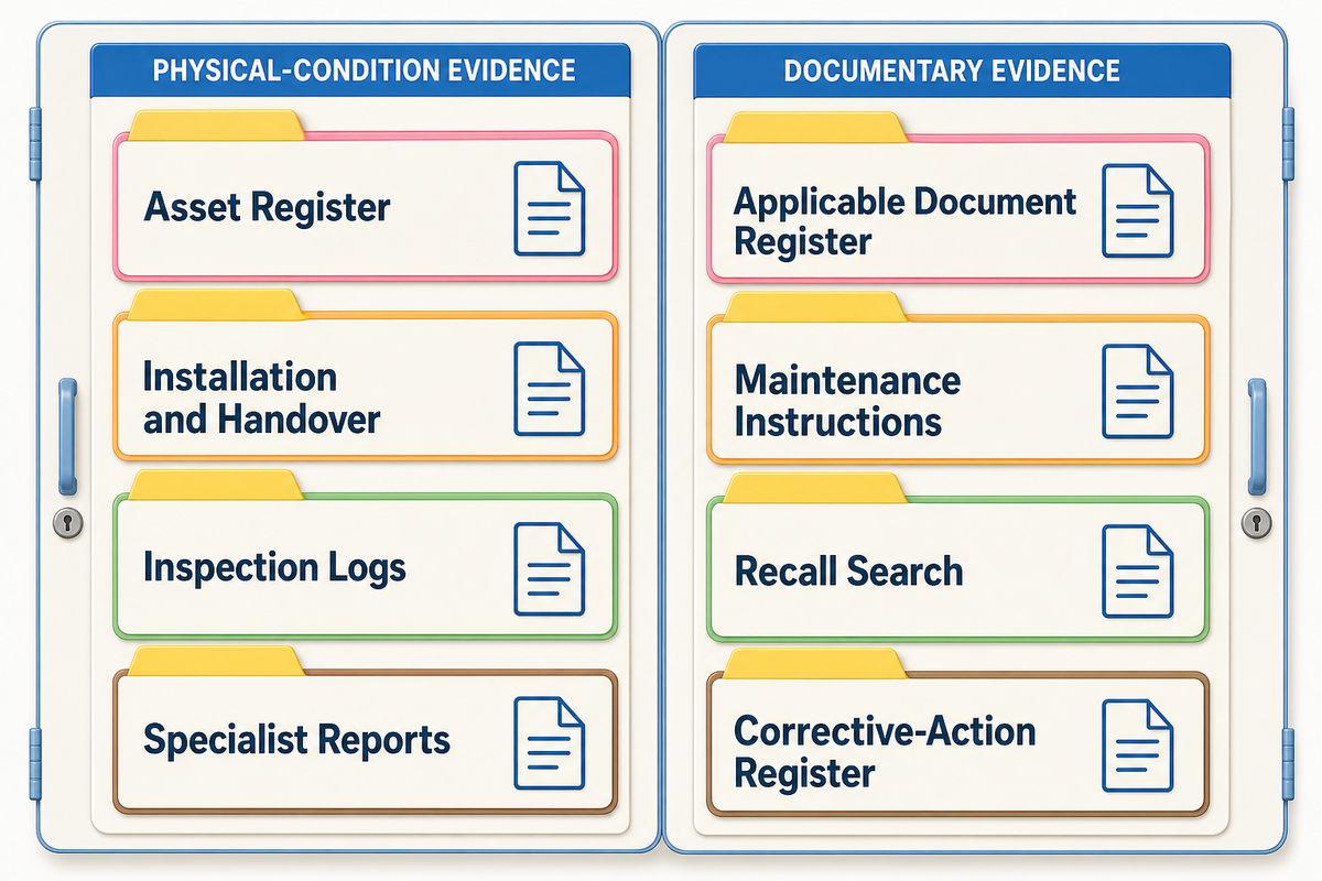 A licensing-ready evidence pack connects asset, document, handover, maintenance, inspection, recall, specialist and corrective-action records. Source: Toplay guide.