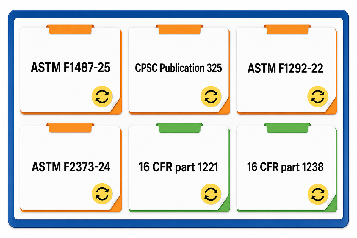 A current-edition review board tracks playground equipment, guidance, surfacing, toddler equipment and juvenile-product rules. Source: Toplay guide.