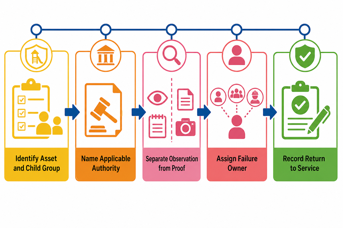 Asset identity, applicable authority, evidence type, failure ownership and recorded release form a controlled return-to-service routine. Source: Toplay guide.