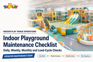 An indoor playground maintenance checklist guide covering daily walks, weekly hardware checks, monthly interior inspection and component wear signatures. Source: Toplay guide.