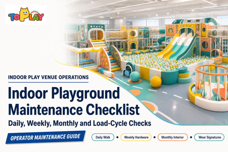 An indoor playground maintenance checklist guide covering daily walks, weekly hardware checks, monthly interior inspection and component wear signatures. Source: Toplay guide.