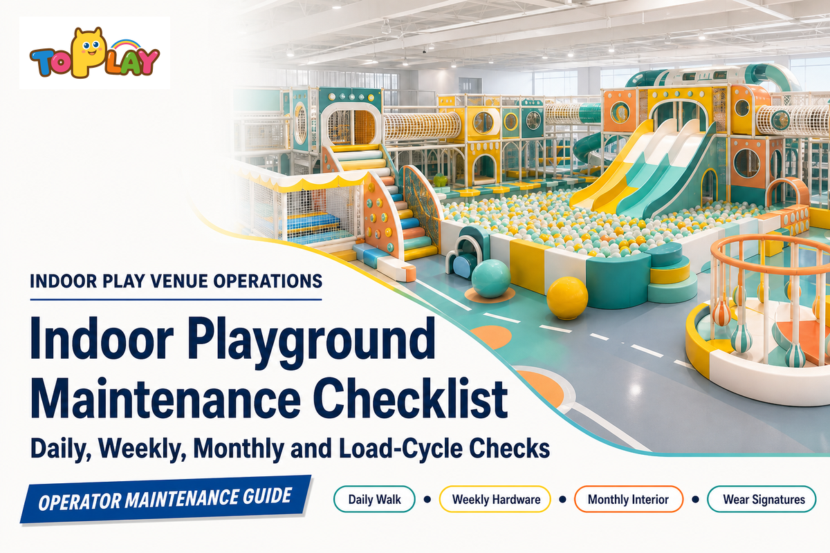 An indoor playground maintenance checklist guide covering daily walks, weekly hardware checks, monthly interior inspection and component wear signatures. Source: Toplay guide.