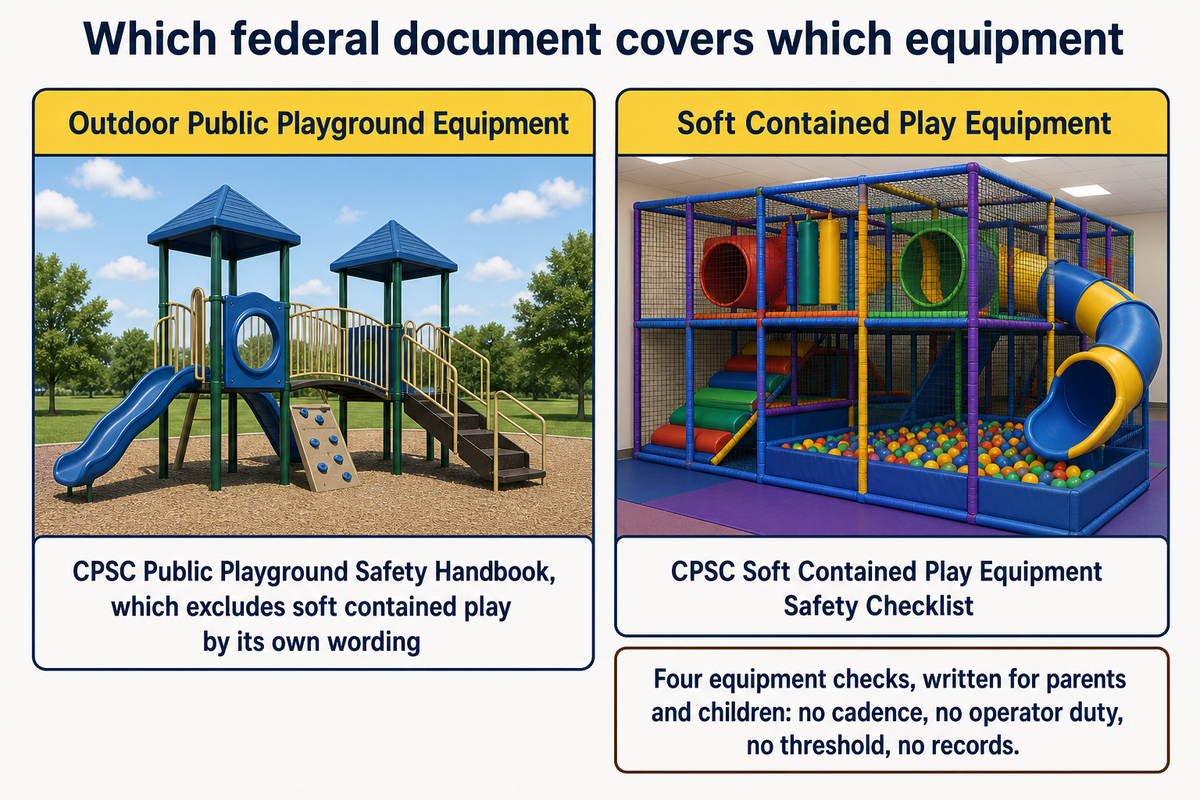 Outdoor public playground guidance and indoor soft contained play equipment are different structures, and the common checklist covers only the first. Source: Toplay guide.