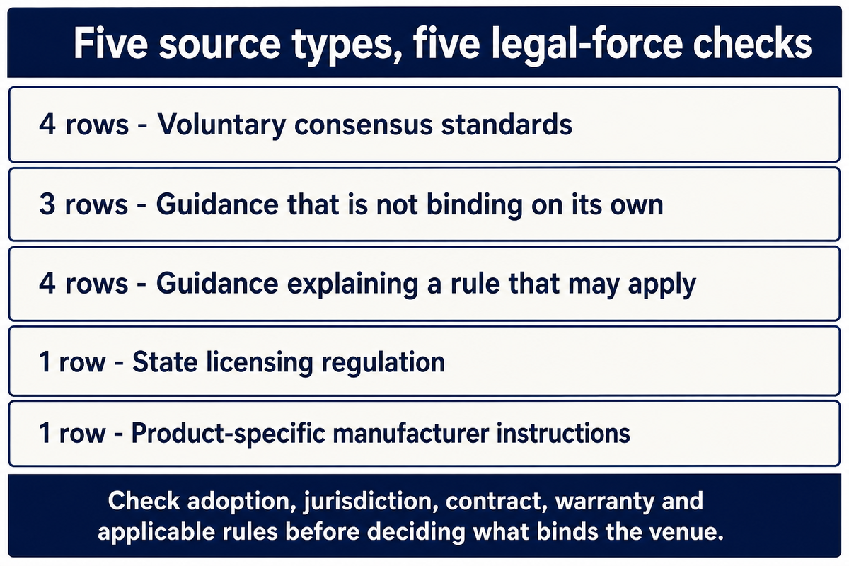Five source types for indoor-play maintenance, each shown with its count and the legal-force check an operator must make before deciding what applies. Source: Toplay guide.