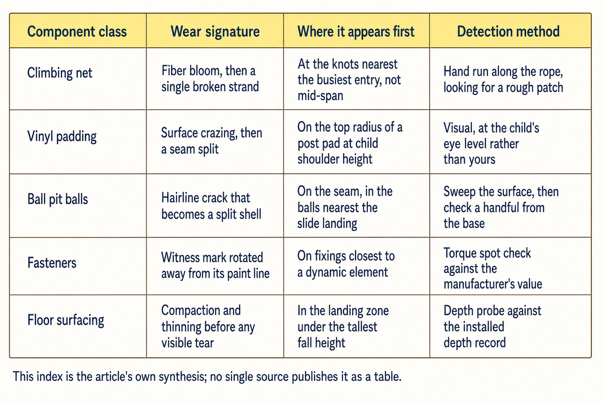 Wear signature index: for climbing net, vinyl padding, ball pit balls, fasteners and floor surfacing, the signature each shows before failure, where it appears first, and the metho