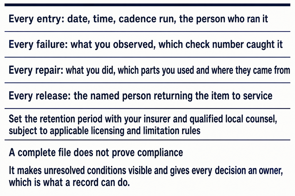 A maintenance record flow for every entry, failure, repair and release, followed by conditional record retention and the limit of what a complete file establishes. Source: Toplay g