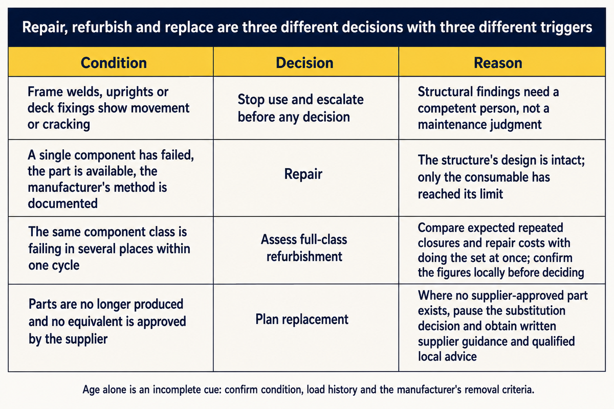 Four observed conditions on an indoor play structure, each paired with the current qualified repair, refurbishment, escalation or replacement-planning decision. Source: Toplay guid