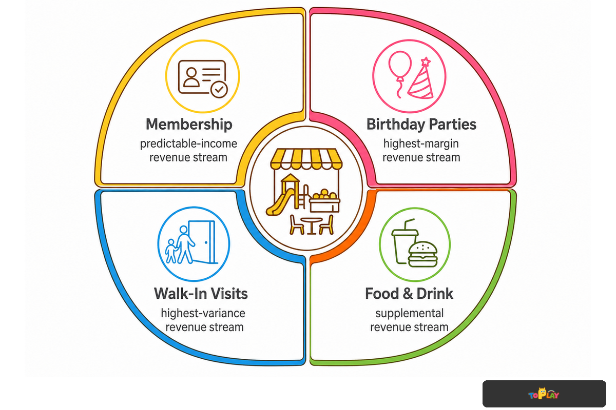 Play cafe revenue blends membership, birthday parties, walk-in visits, and food and drink