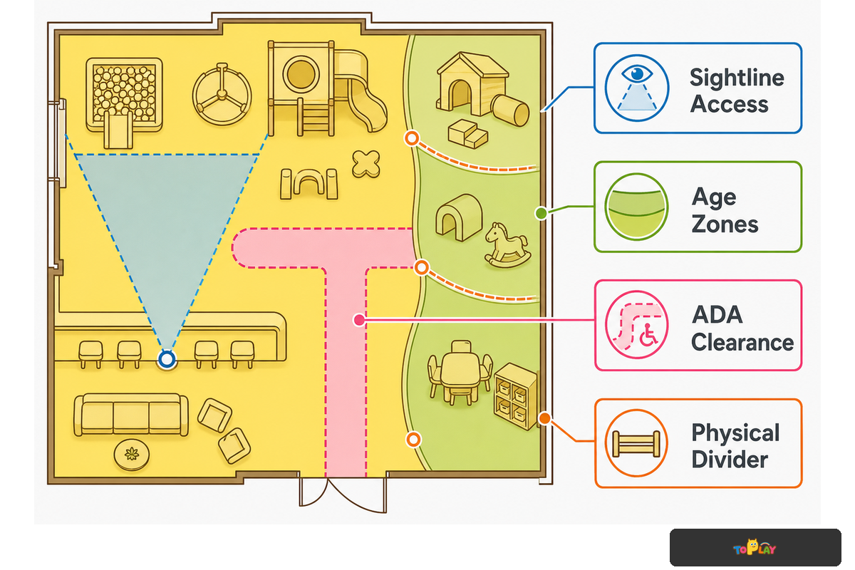 Play cafe layout must protect sightlines, ADA clearance at 60/44/36 inches, and physical age-zone dividers