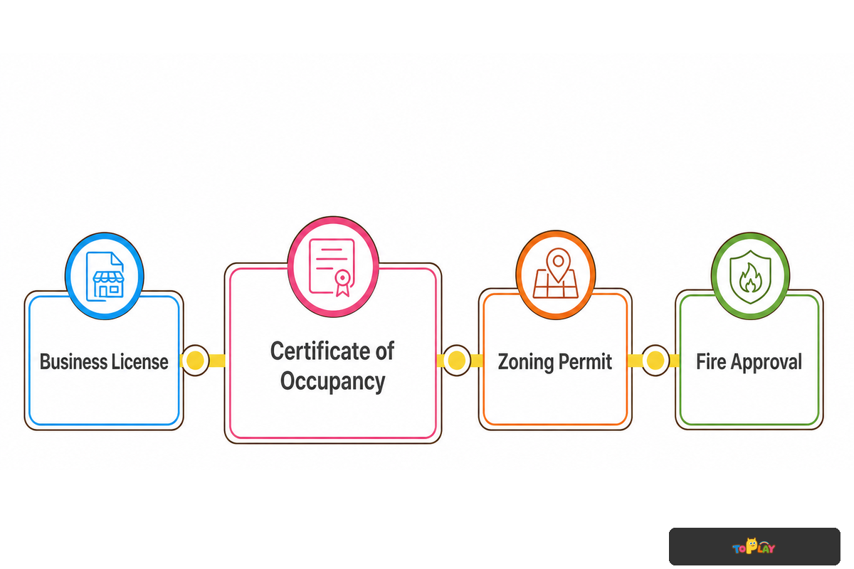 Play cafe permit sequence: business license, Certificate of Occupancy, zoning permit, fire approval
