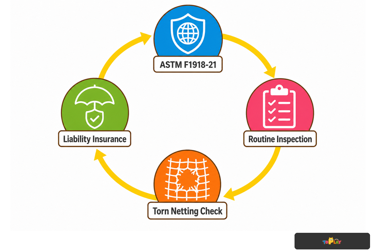 ASTM F1918-21, routine inspection, and liability insurance form the play cafe compliance loop