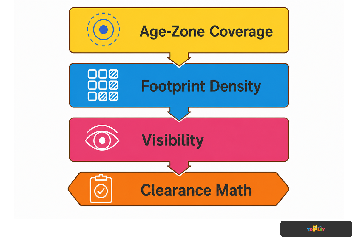 Equipment selection ranked by age-zone coverage, footprint density, visibility, then clearance math