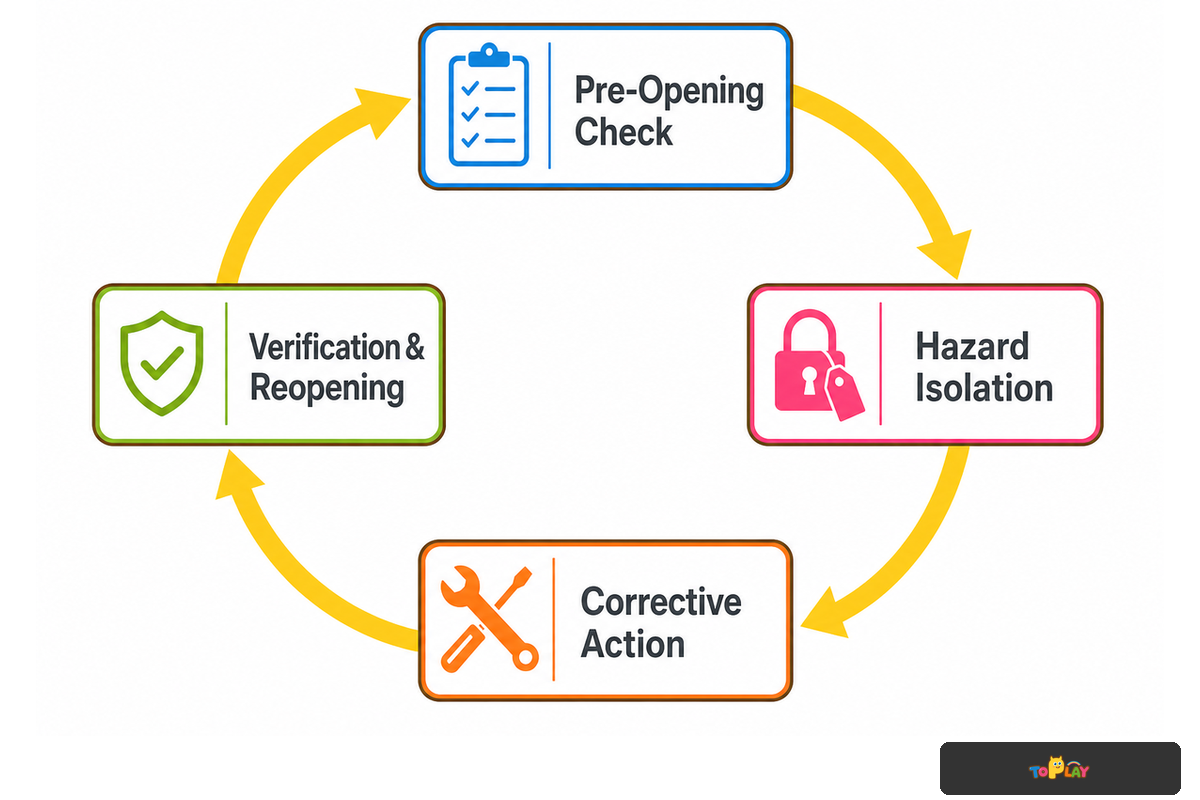 Daily play cafe routine: pre-opening check, hazard isolation, corrective action, verification and reopening