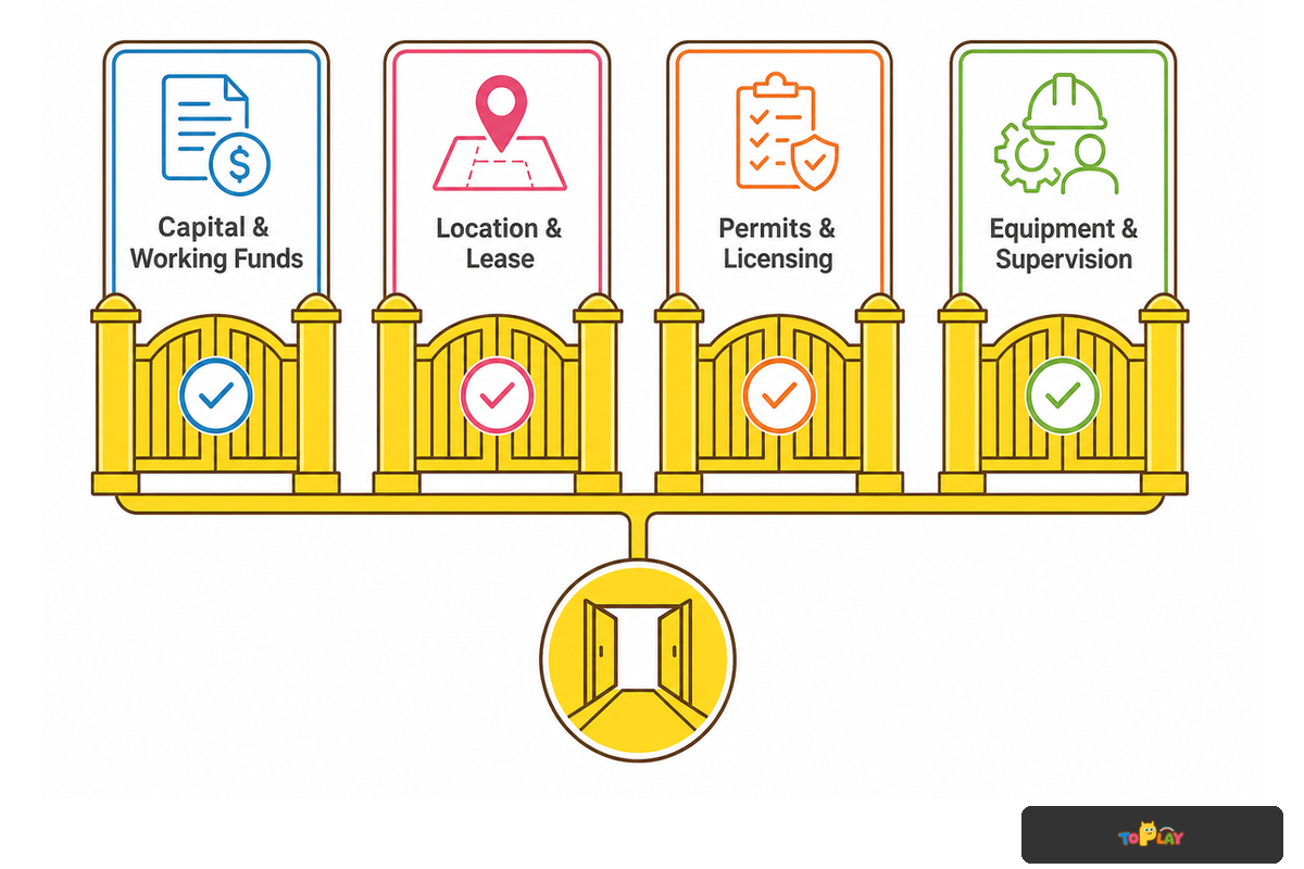 Play Cafe Launch Readiness Matrix: capital, location and lease, permits, and equipment readiness gates