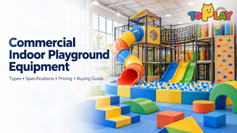 Toplay commercial indoor playground equipment featuring colorful slides, multi-level play structures, ball pits, climbing areas, and soft play equipment.