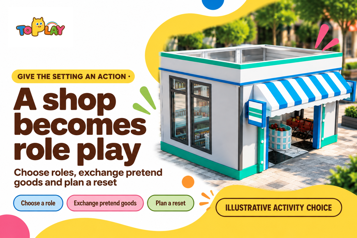 A familiar shop facade can support role play when roles and reset work are planned; Toplay and Head Start.