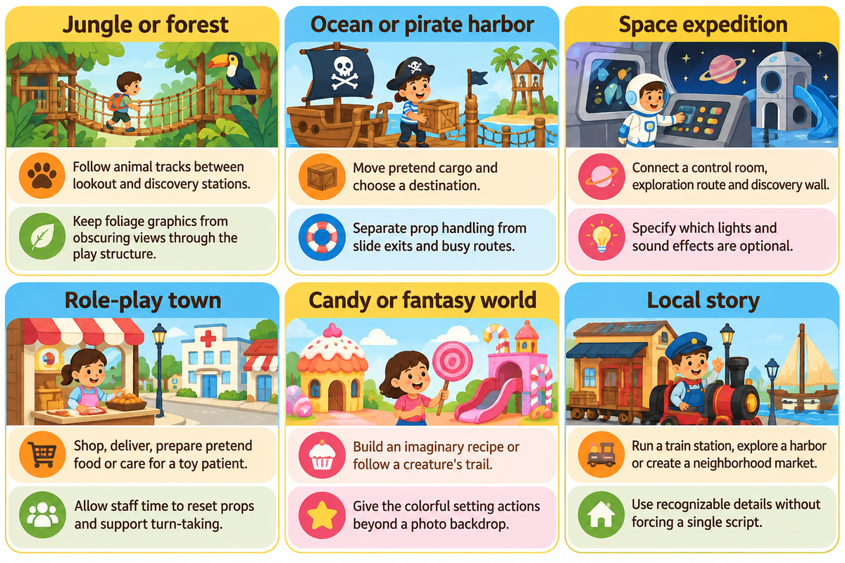 Six illustrative themes pair child actions with operating work; Toplay guide informed by Head Start.