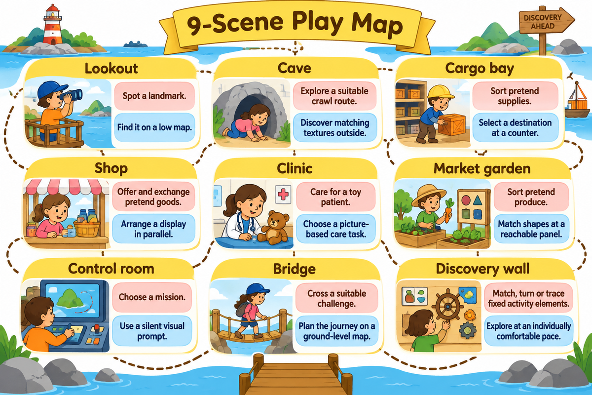 Nine illustrative scenes pair a child action with another way to join; Toplay editorial map inspired by Head Start.