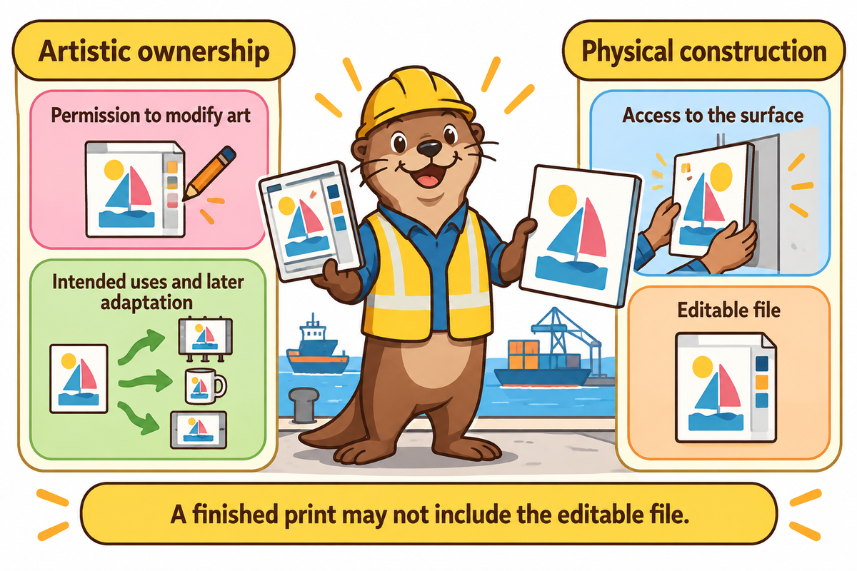 Artwork permissions, editable files and surface access are separate decisions; US Copyright Office and Toplay guide.