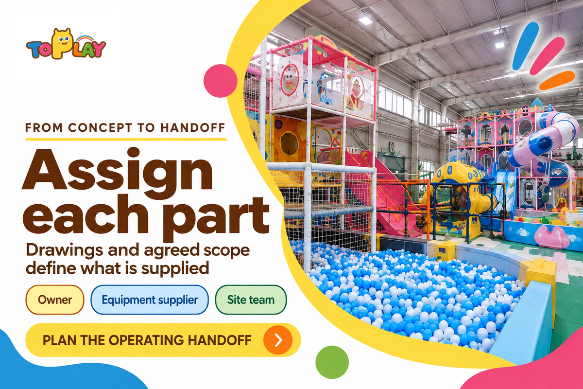 Owner, supplier and site team hold different responsibilities; Toplay equipment and project-scope illustration.