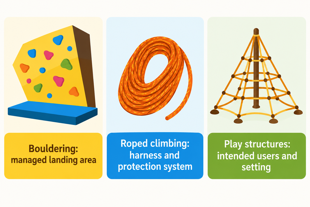 Bouldering, roped climbing and play structures have different protection and operating arrangements; CWA and CPSC.